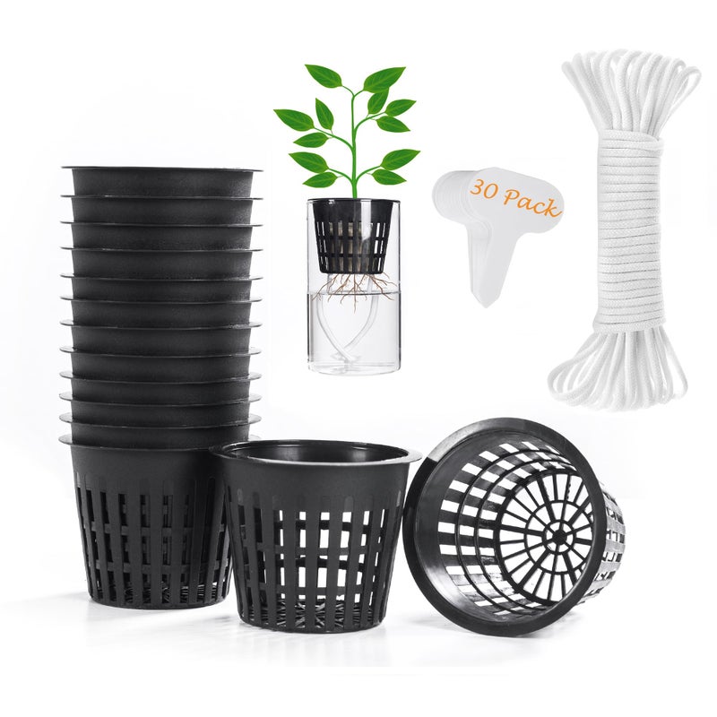 ORIMERC 30 Pack 3 inch Net Cup Pots with 30 feet Hydroponic Self Watering Wick & 30 Plant Labels Aquaponics Mason Jar Bucket Insert Orchid kratky Vegetable Gardening Growing Netted Basket Slotted Mesh - Image 1